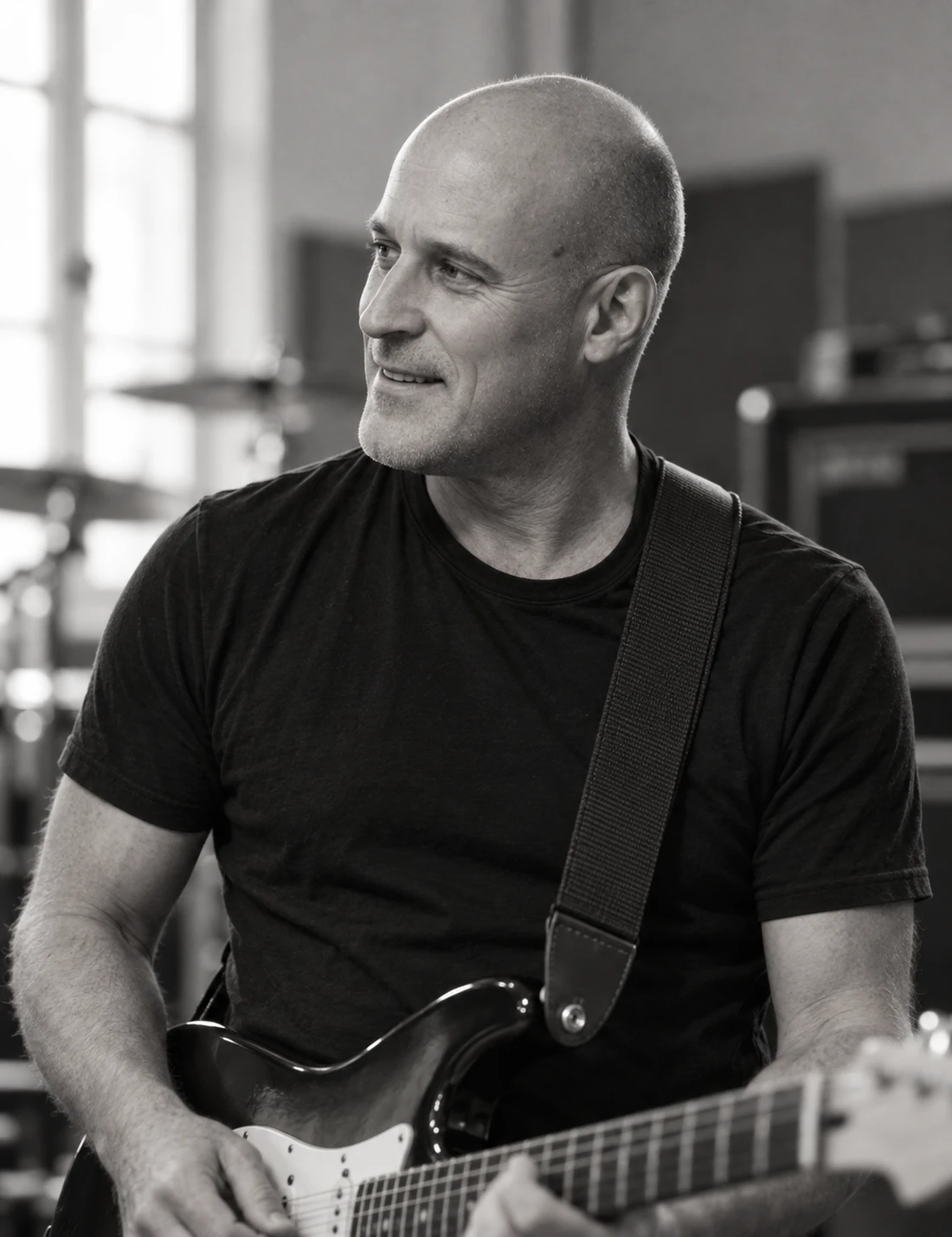 Schwarz-Weiß-Porträt von Jens Scheuter mit E-Gitarre